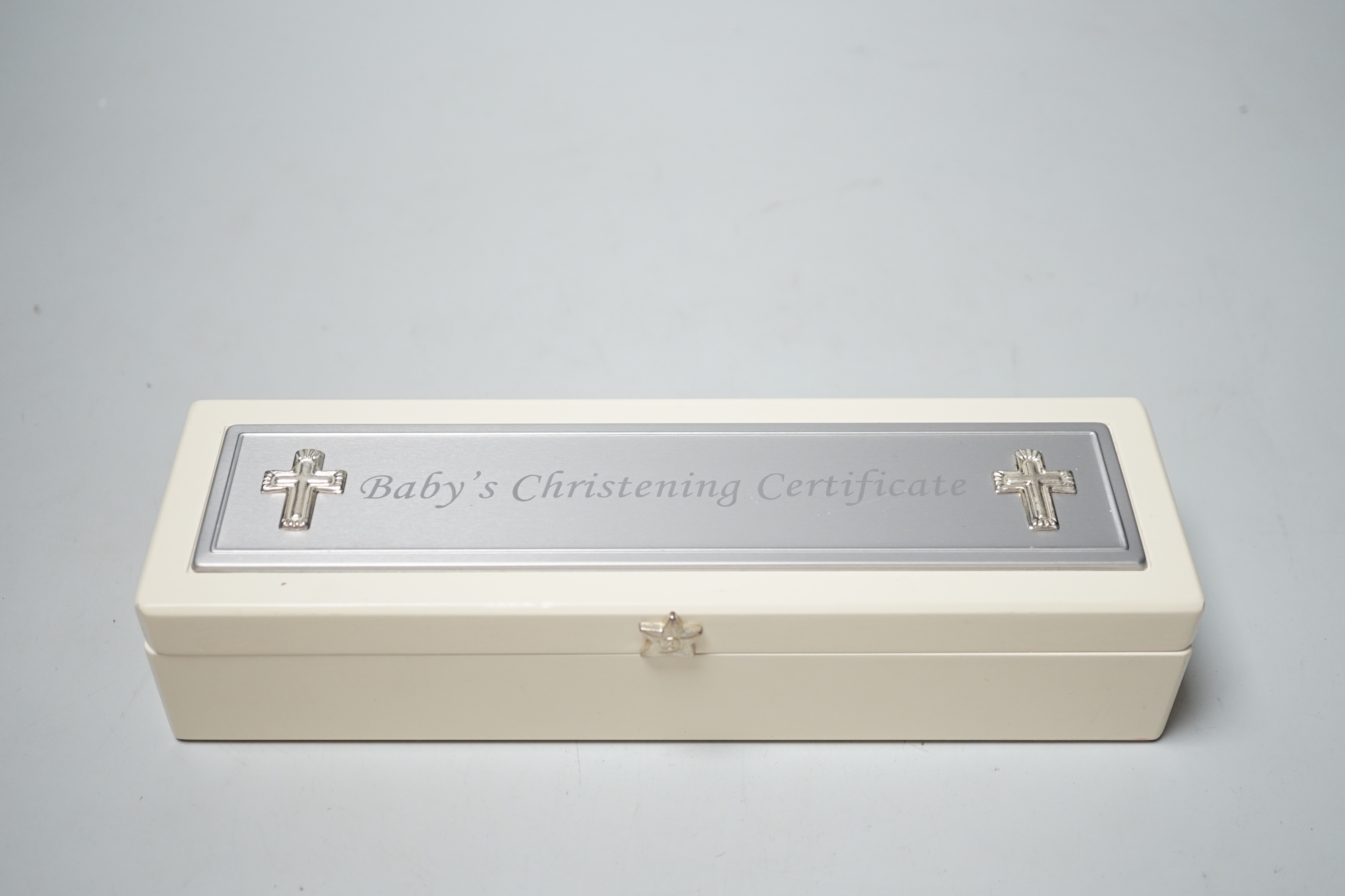 A modern silver 'Baby's Christening Certificate' case by Carr's of Sheffield, 2008, 21.6cm, 4oz, in original box.